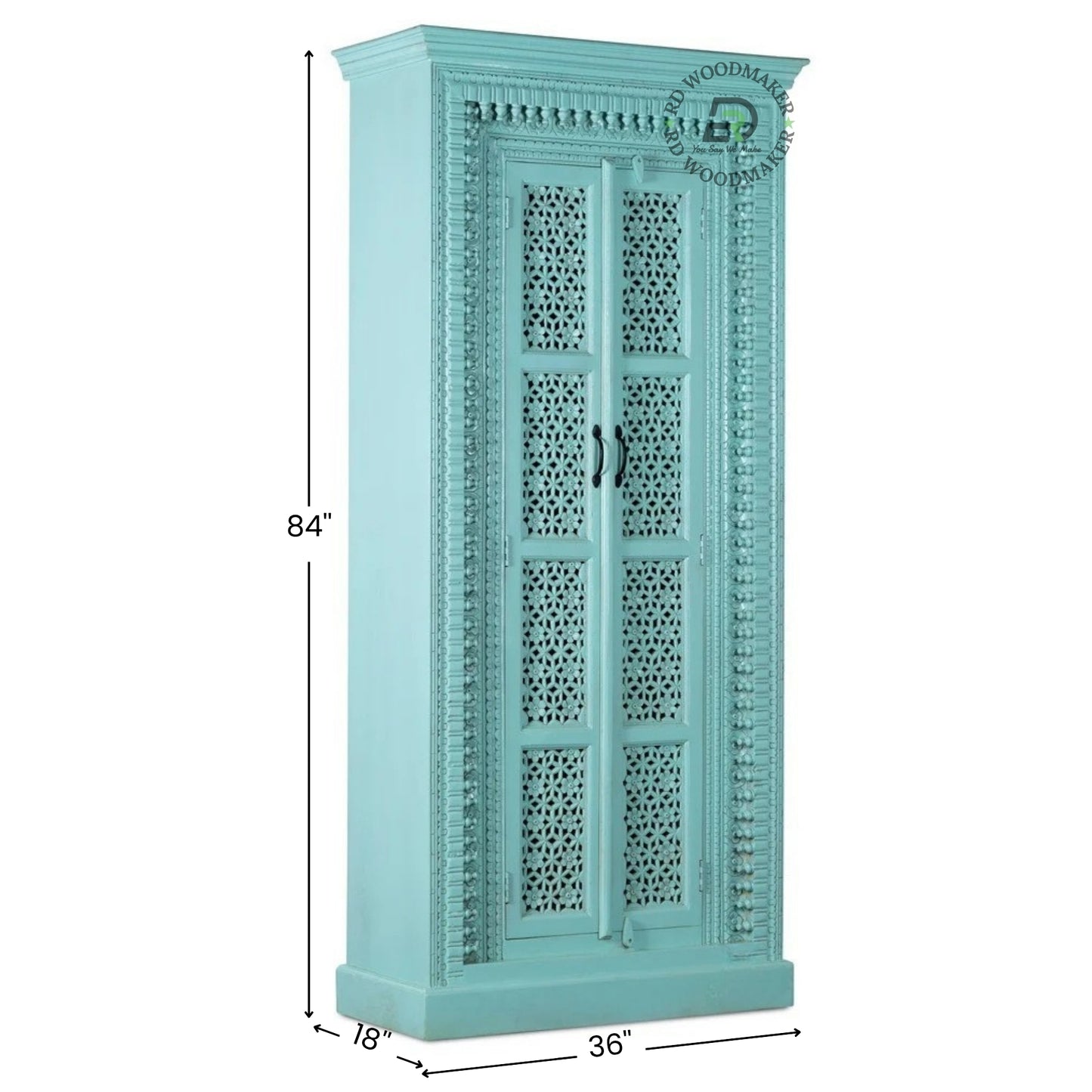 HANDCARVED TURQUOISE WOODEN DOUBLE DOOR WARDROBE WITH INTRICATE JALI DESIGN