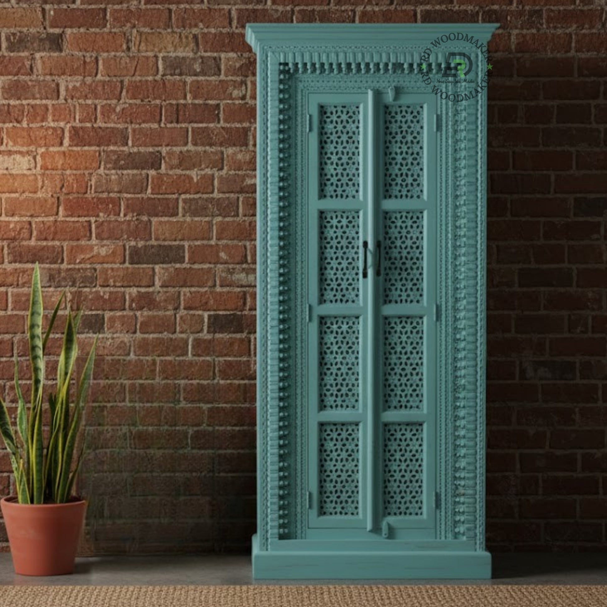 HANDCARVED TURQUOISE WOODEN DOUBLE DOOR WARDROBE WITH INTRICATE JALI DESIGN