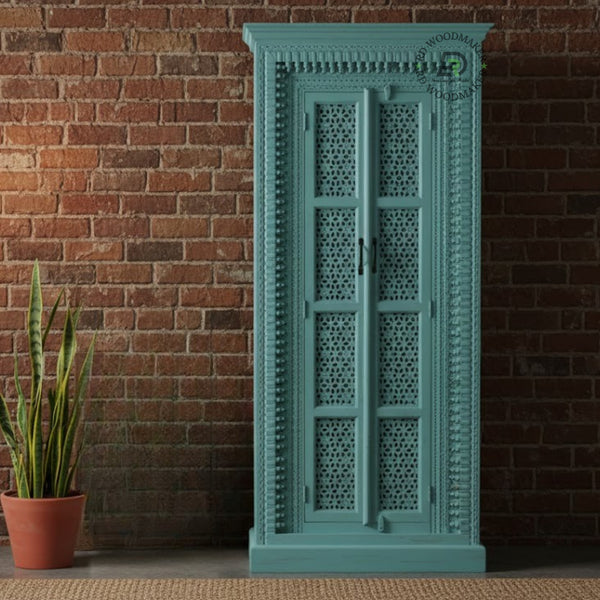 HANDCARVED TURQUOISE WOODEN DOUBLE DOOR WARDROBE WITH INTRICATE JALI DESIGN