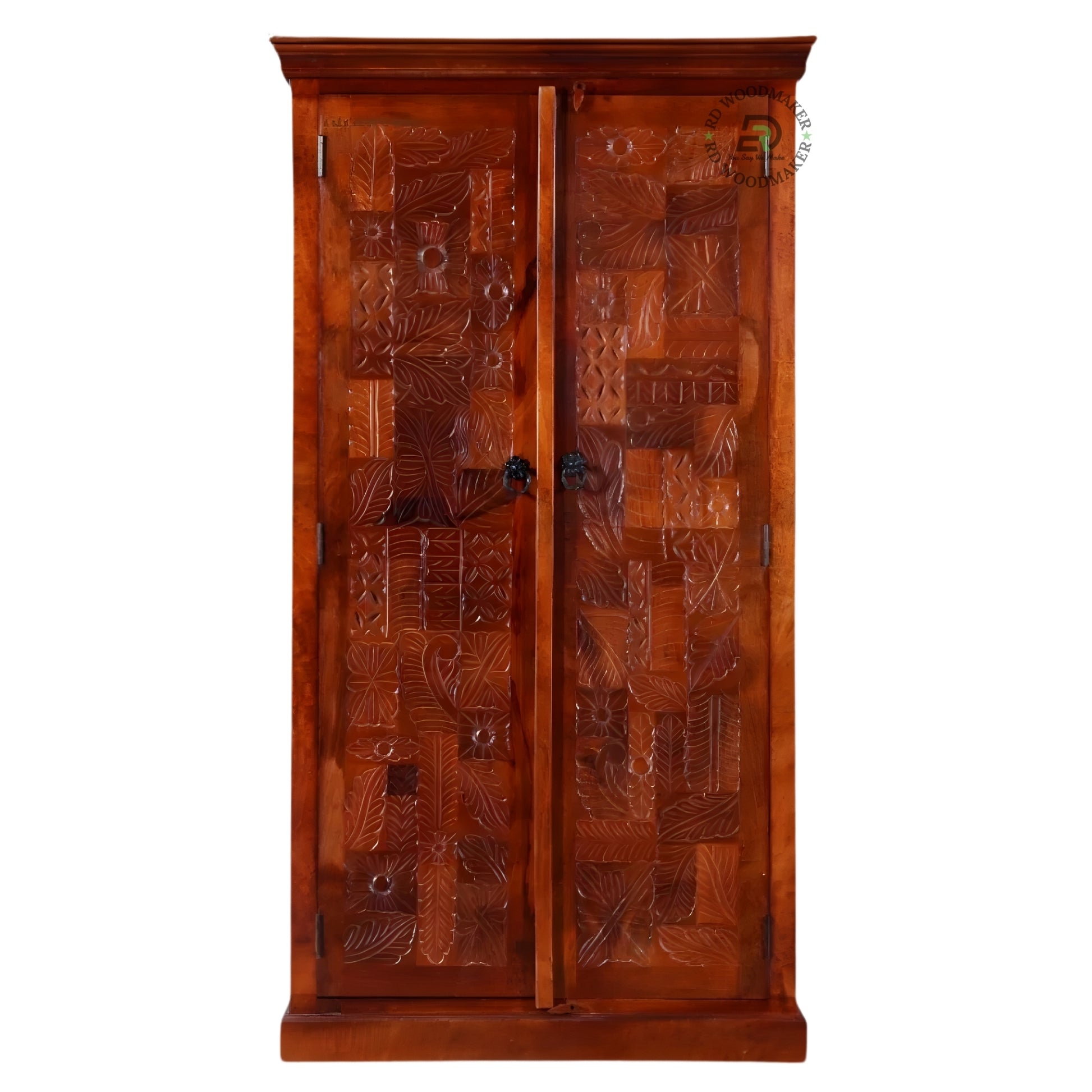 HANDCRAFTED SOLID WOOD CARVED DOUBLE DOOR WARDROBE WITH FLORAL DESIGN