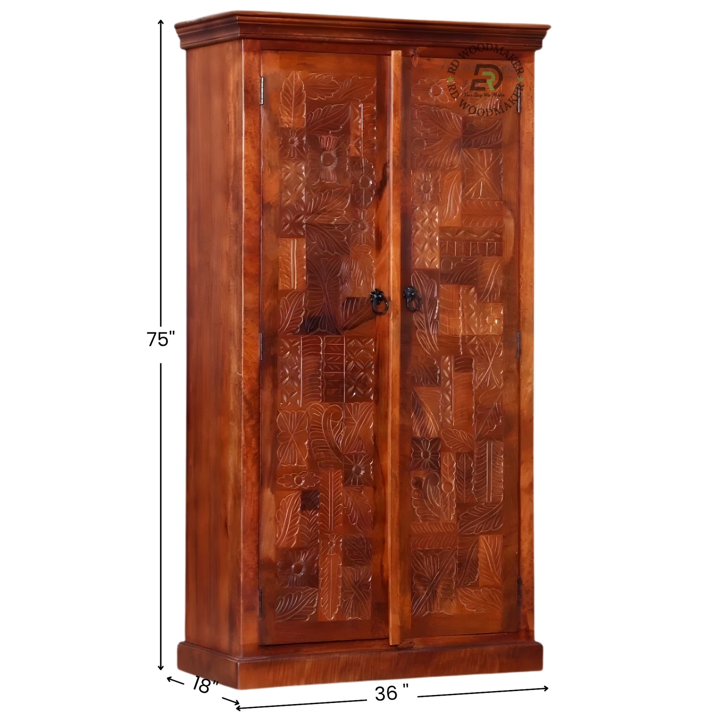 HANDCRAFTED SOLID WOOD CARVED DOUBLE DOOR WARDROBE WITH FLORAL DESIGN