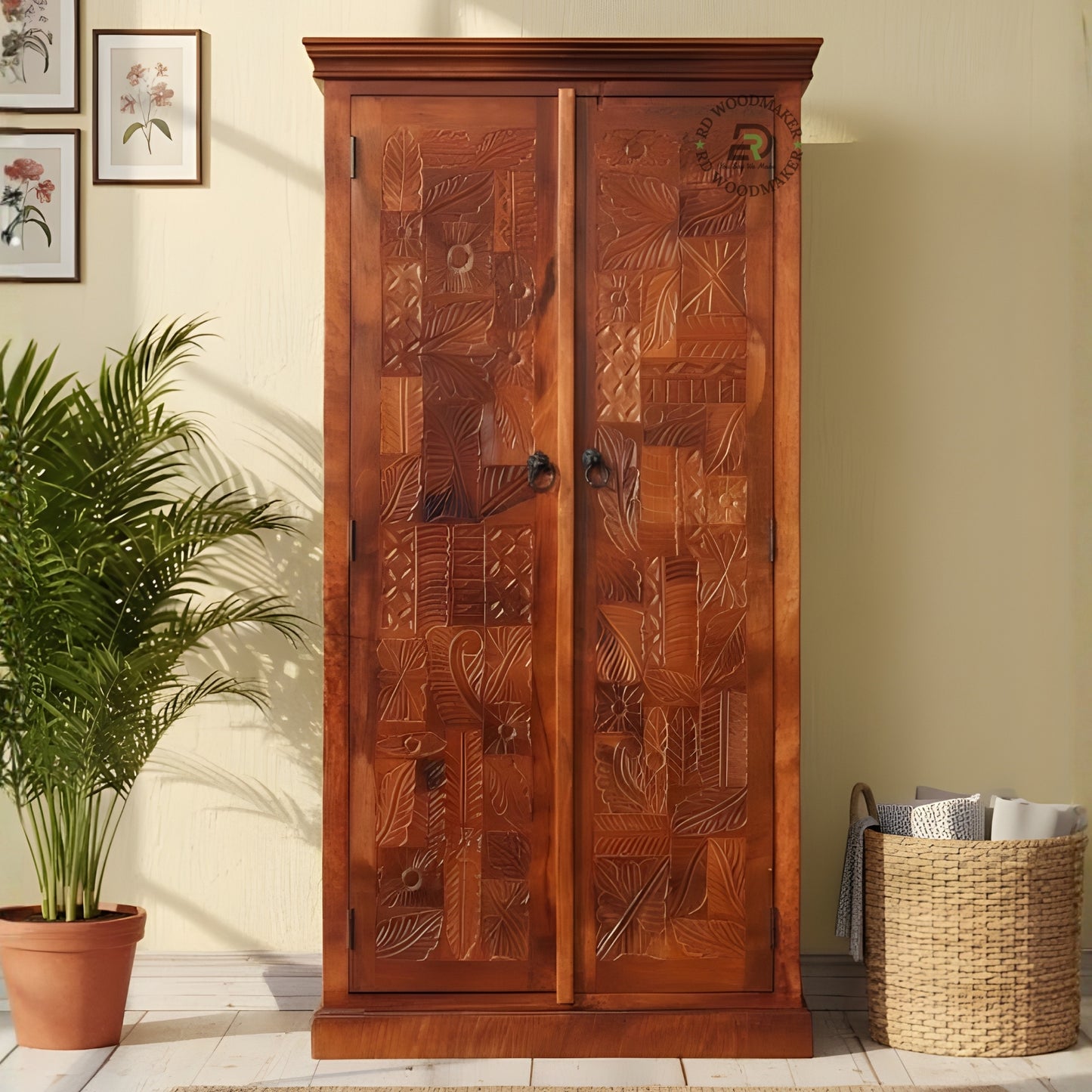 HANDCRAFTED SOLID WOOD CARVED DOUBLE DOOR WARDROBE WITH FLORAL DESIGN