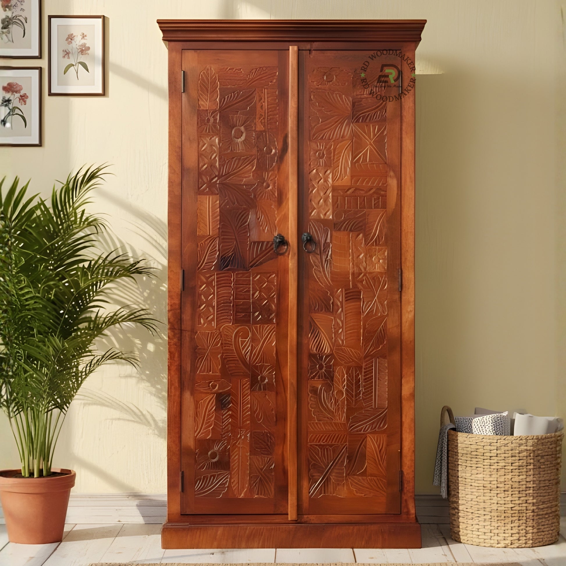 HANDCRAFTED SOLID WOOD CARVED DOUBLE DOOR WARDROBE WITH FLORAL DESIGN