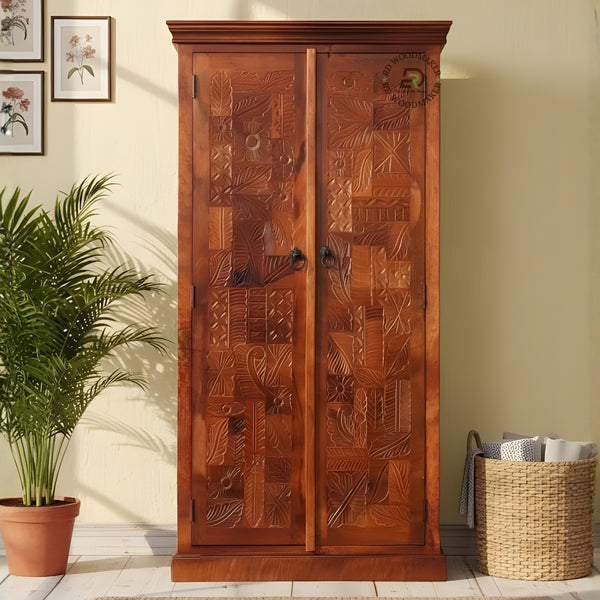 HANDCRAFTED SOLID WOOD CARVED DOUBLE DOOR WARDROBE WITH FLORAL DESIGN