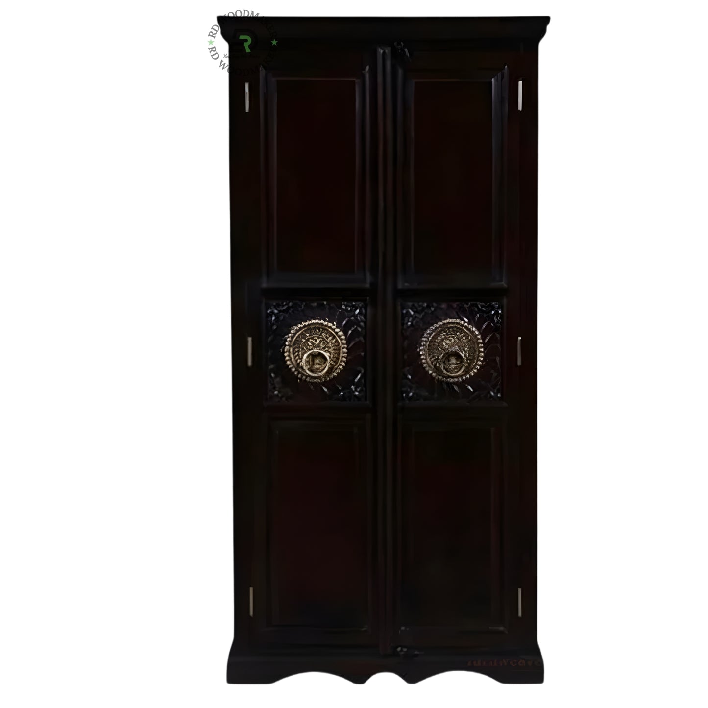 CLASSIC DARK WOOD DOUBLE DOOR WARDROBE WITH HANDCARVED METAL ACCENTS