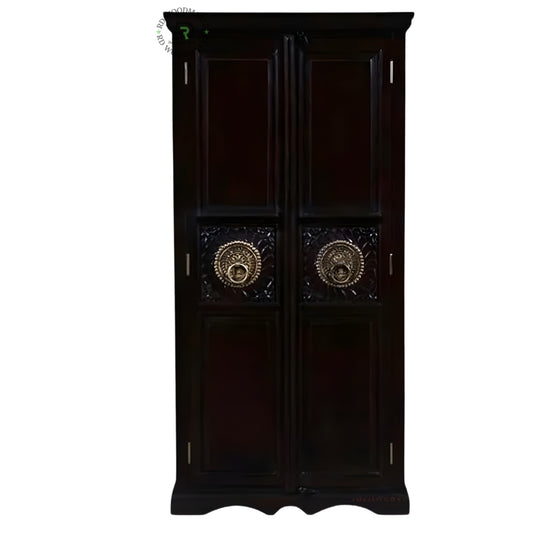 CLASSIC DARK WOOD DOUBLE DOOR WARDROBE WITH HANDCARVED METAL ACCENTS