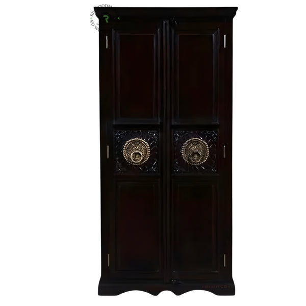 CLASSIC DARK WOOD DOUBLE DOOR WARDROBE WITH HANDCARVED METAL ACCENTS