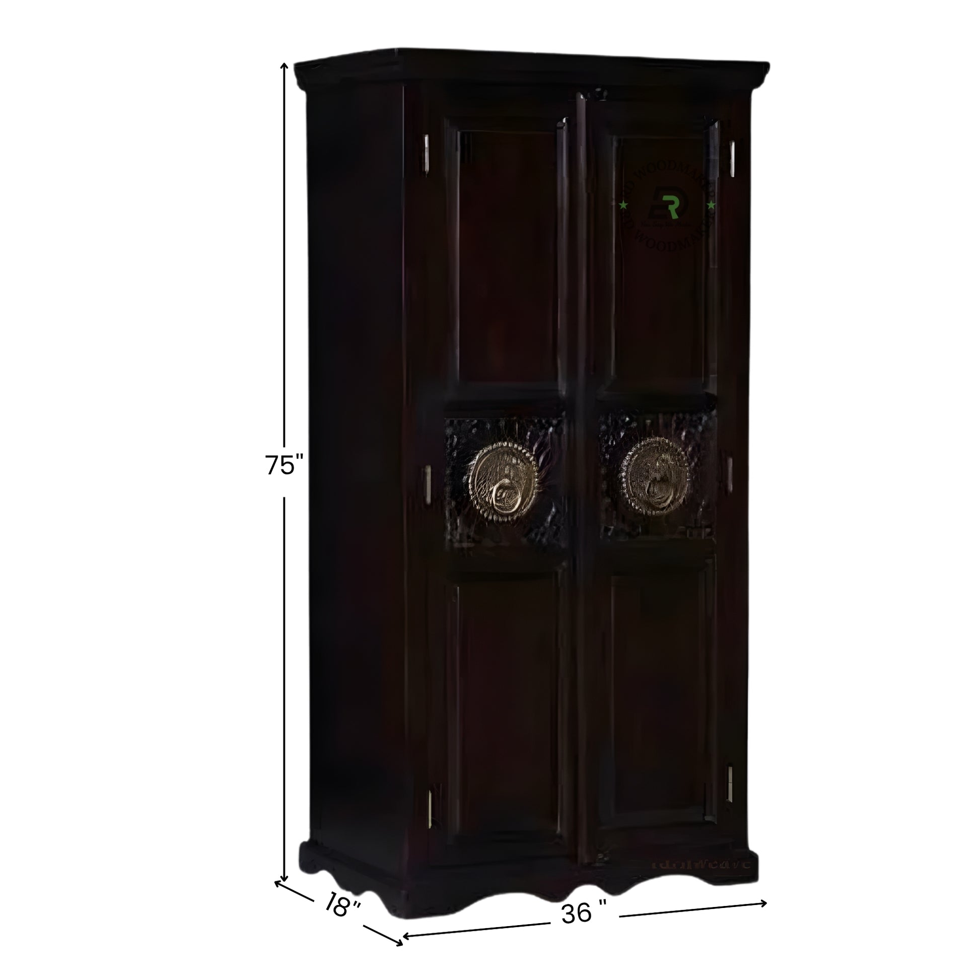 CLASSIC DARK WOOD DOUBLE DOOR WARDROBE WITH HANDCARVED METAL ACCENTS