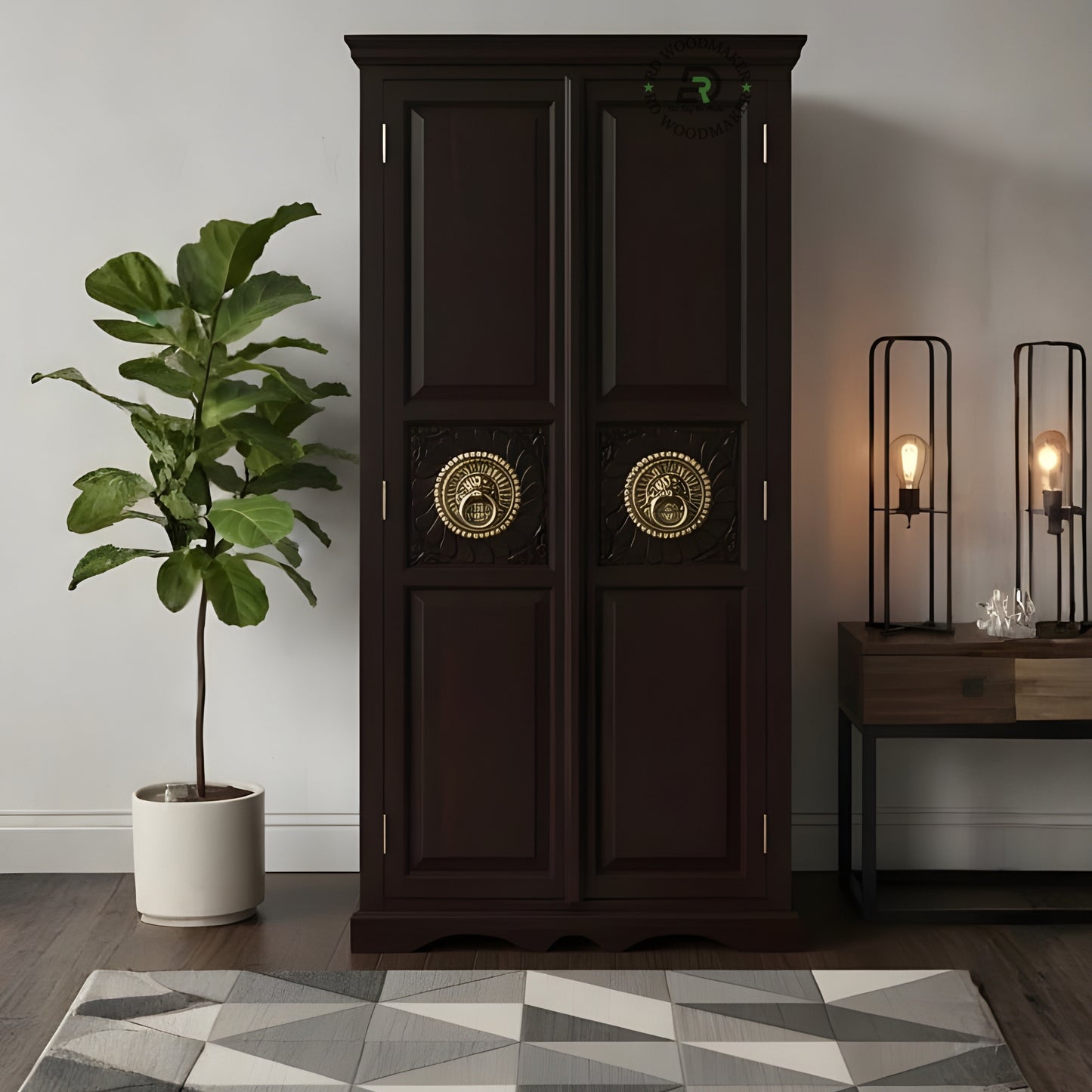 CLASSIC DARK WOOD DOUBLE DOOR WARDROBE WITH HANDCARVED METAL ACCENTS