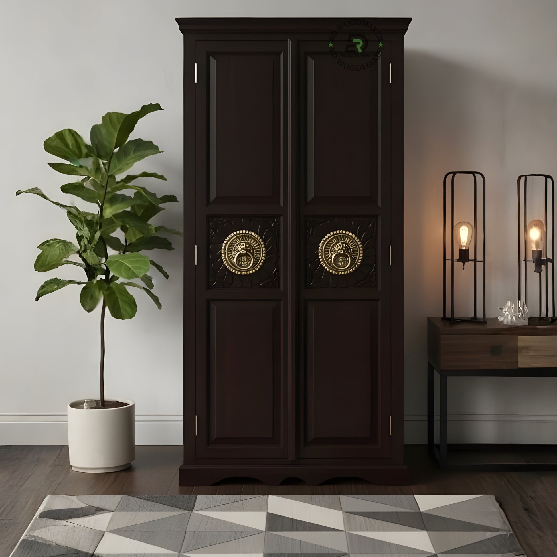 CLASSIC DARK WOOD DOUBLE DOOR WARDROBE WITH HANDCARVED METAL ACCENTS