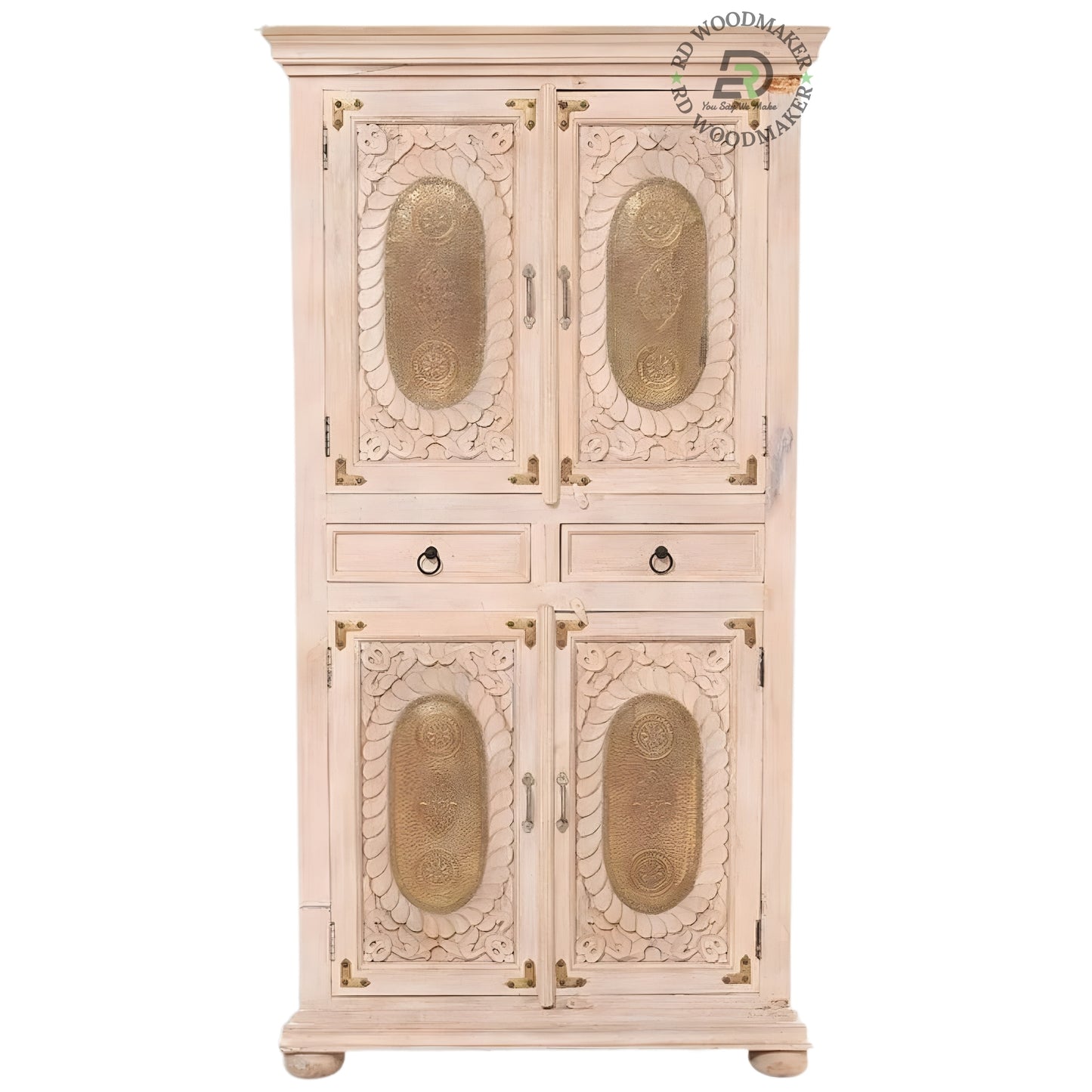 VINTAGE WHITE HANDCARVED WOODEN DOUBLE DOOR WARDROBE WITH DRAWERS