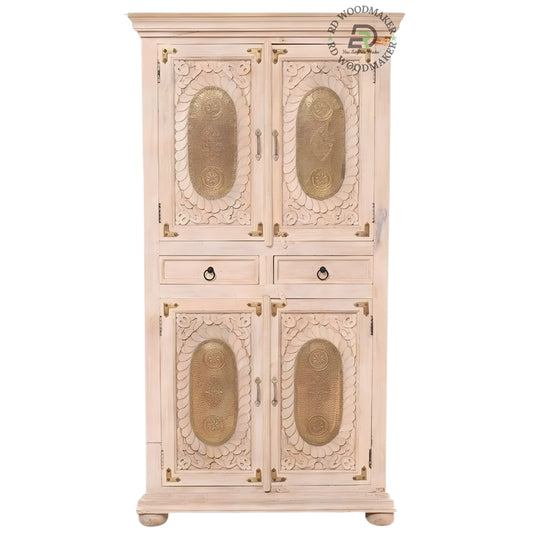 VINTAGE WHITE HANDCARVED WOODEN DOUBLE DOOR WARDROBE WITH DRAWERS