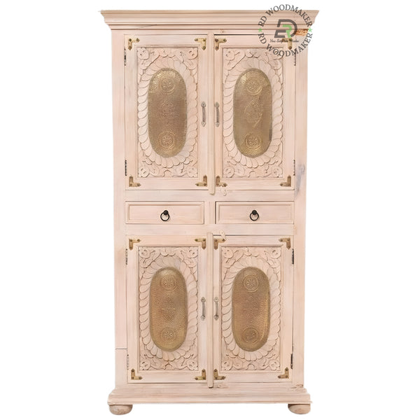 VINTAGE WHITE HANDCARVED WOODEN DOUBLE DOOR WARDROBE WITH DRAWERS