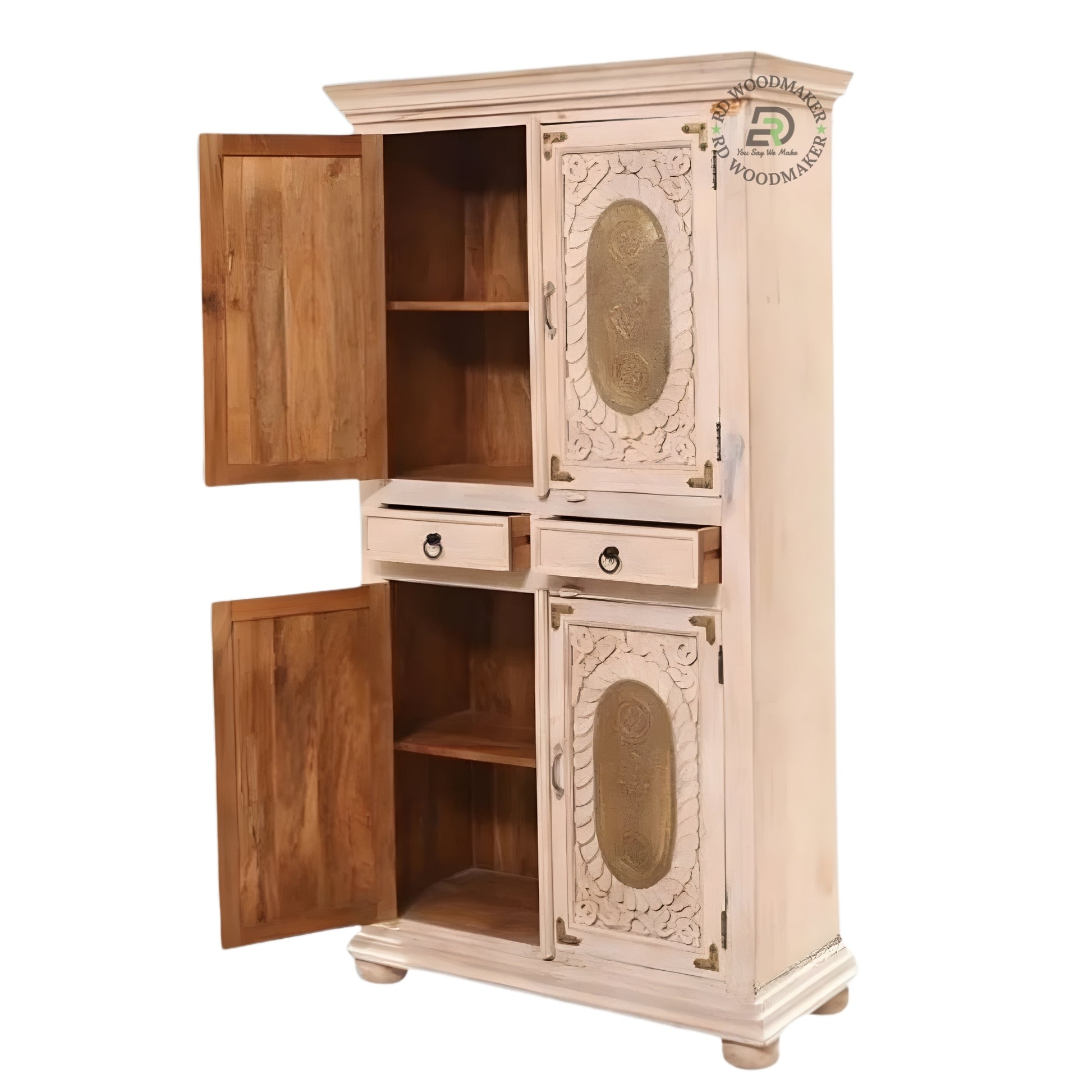 VINTAGE WHITE HANDCARVED WOODEN DOUBLE DOOR WARDROBE WITH DRAWERS