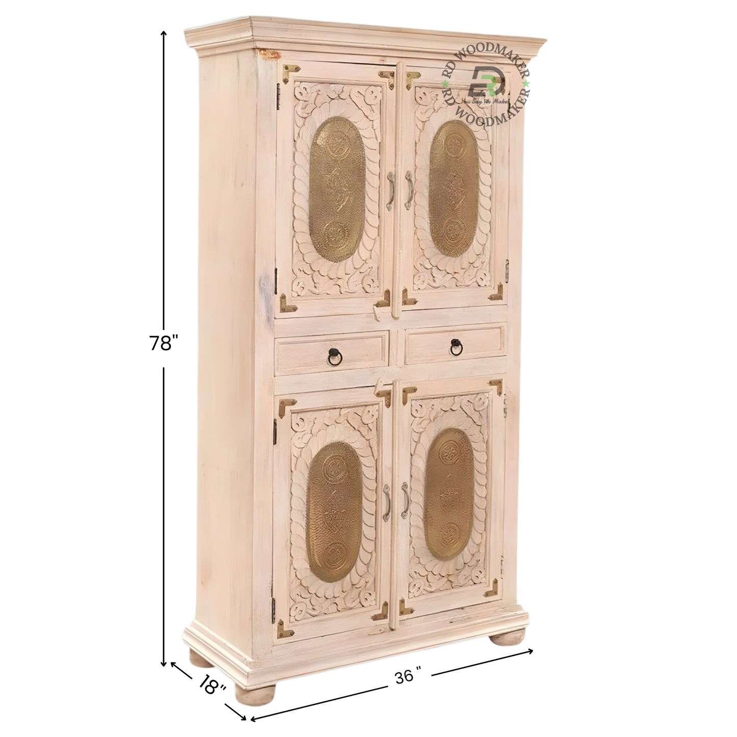 VINTAGE WHITE HANDCARVED WOODEN DOUBLE DOOR WARDROBE WITH DRAWERS