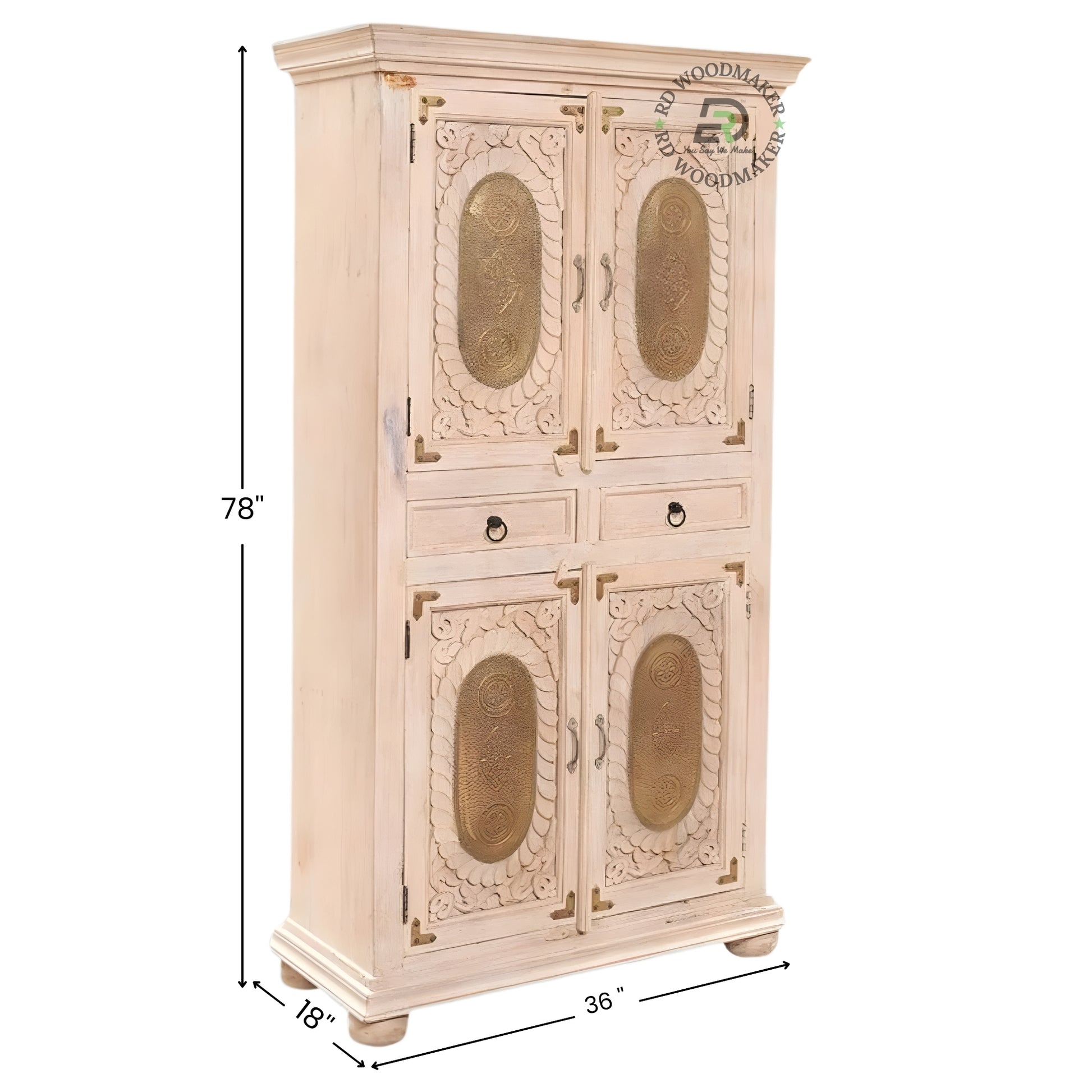 VINTAGE WHITE HANDCARVED WOODEN DOUBLE DOOR WARDROBE WITH DRAWERS