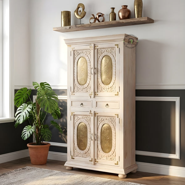 VINTAGE WHITE HANDCARVED WOODEN DOUBLE DOOR WARDROBE WITH DRAWERS