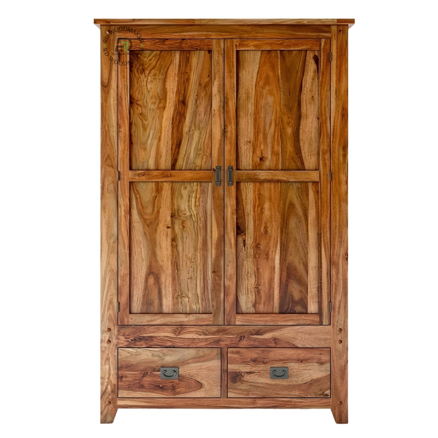 RUSTIC NATURAL SHEESHAM WOOD 2-DOOR WARDROBE WITH 2 DRAWERS