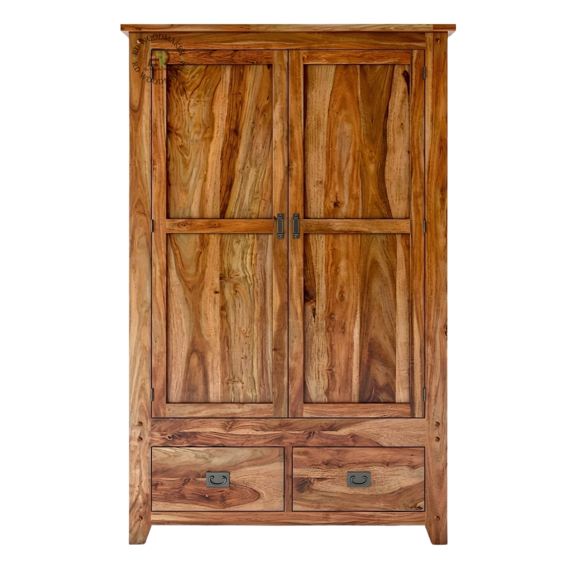 RUSTIC NATURAL SHEESHAM WOOD 2-DOOR WARDROBE WITH 2 DRAWERS