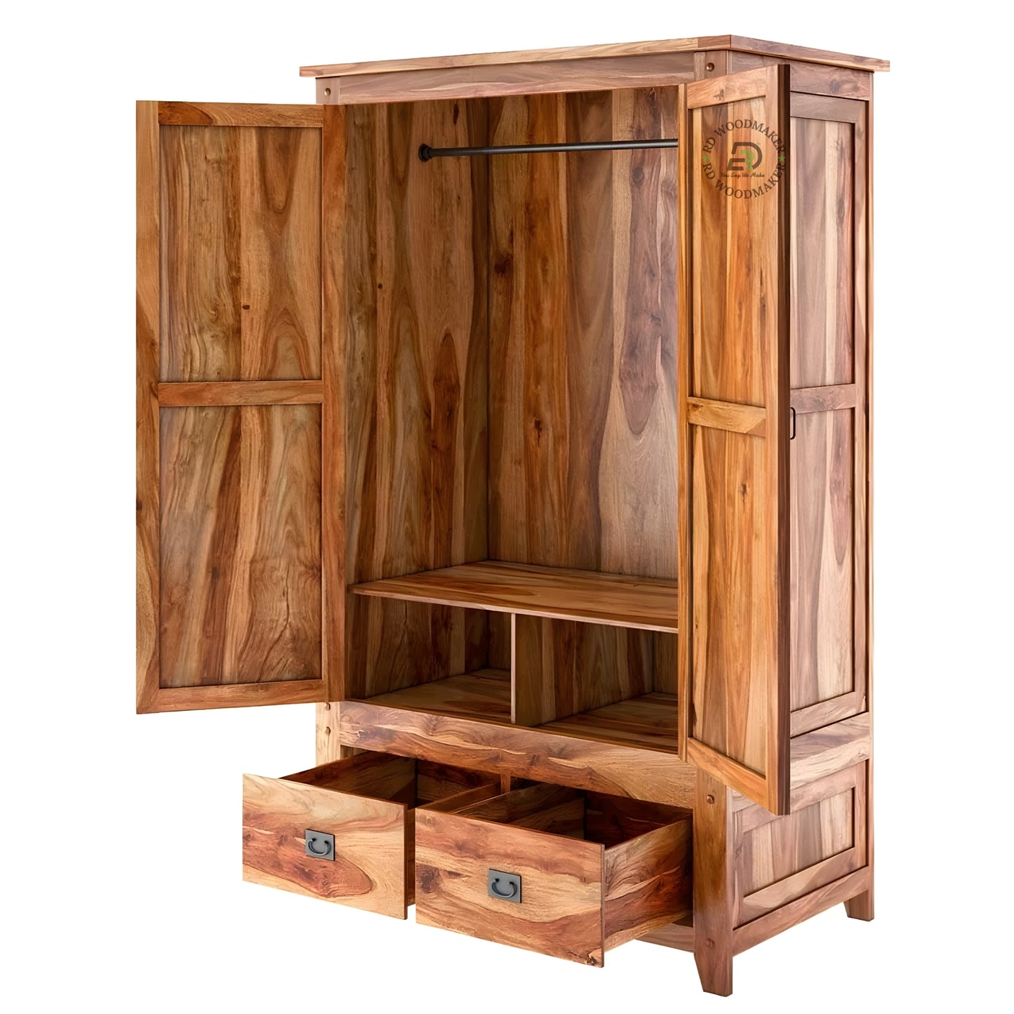 RUSTIC NATURAL SHEESHAM WOOD 2-DOOR WARDROBE WITH 2 DRAWERS