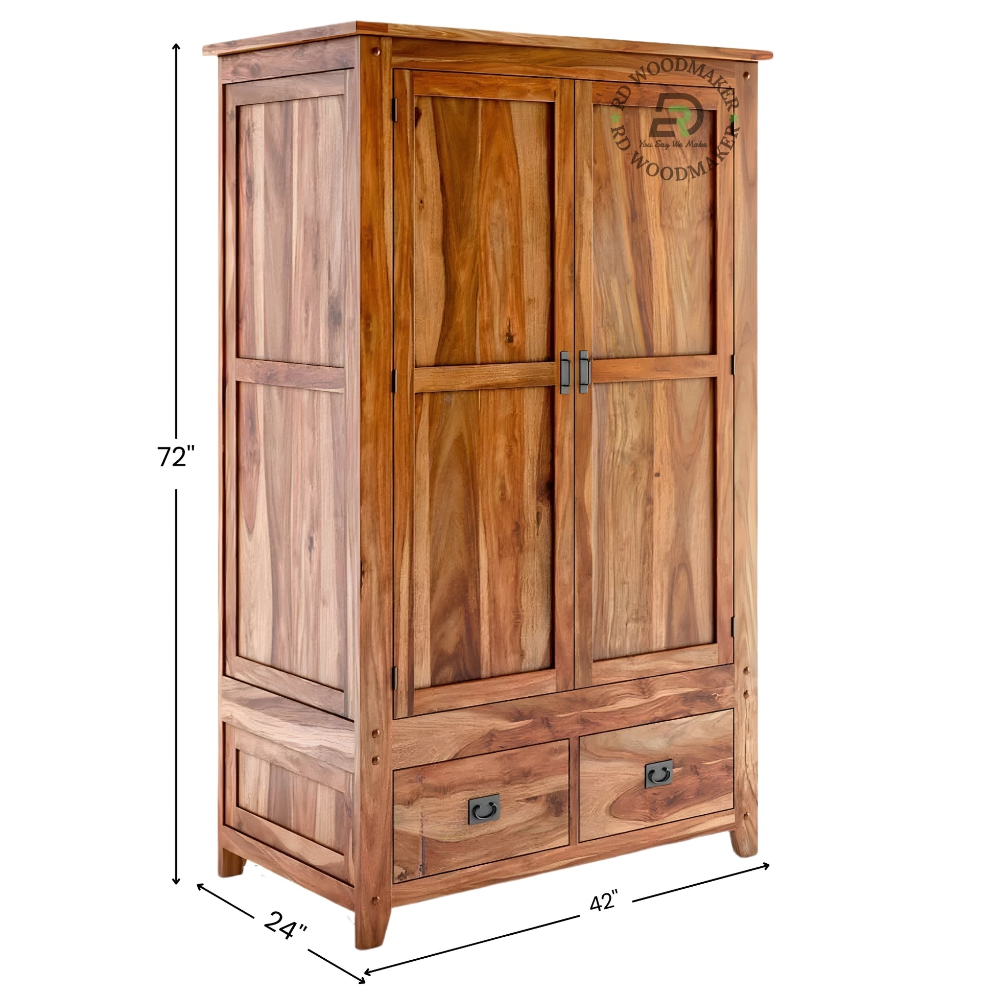 RUSTIC NATURAL SHEESHAM WOOD 2-DOOR WARDROBE WITH 2 DRAWERS