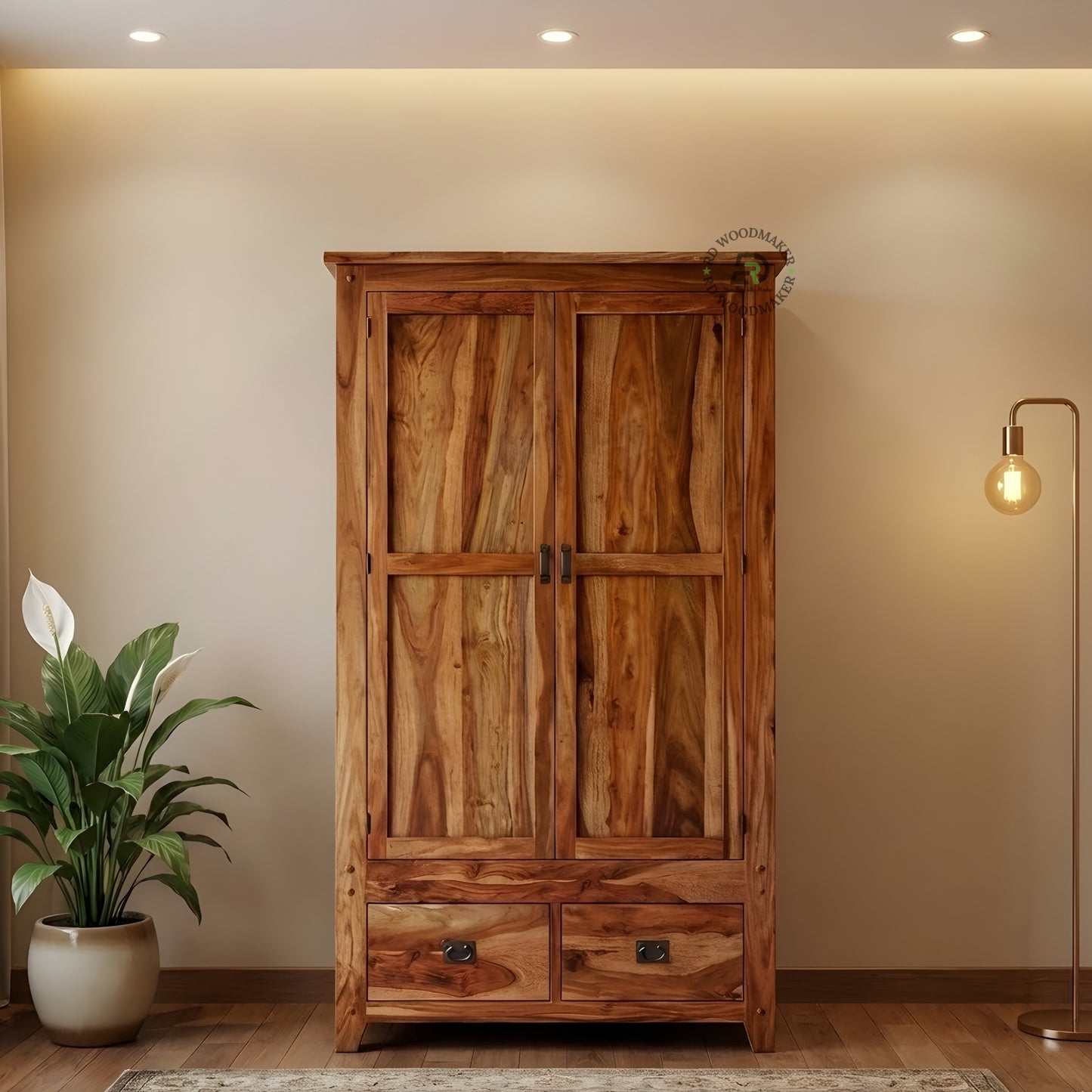 RUSTIC NATURAL SHEESHAM WOOD 2-DOOR WARDROBE WITH 2 DRAWERS