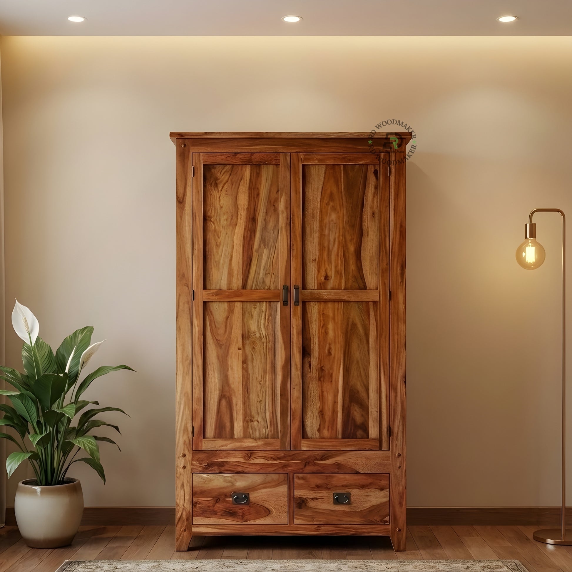 RUSTIC NATURAL SHEESHAM WOOD 2-DOOR WARDROBE WITH 2 DRAWERS