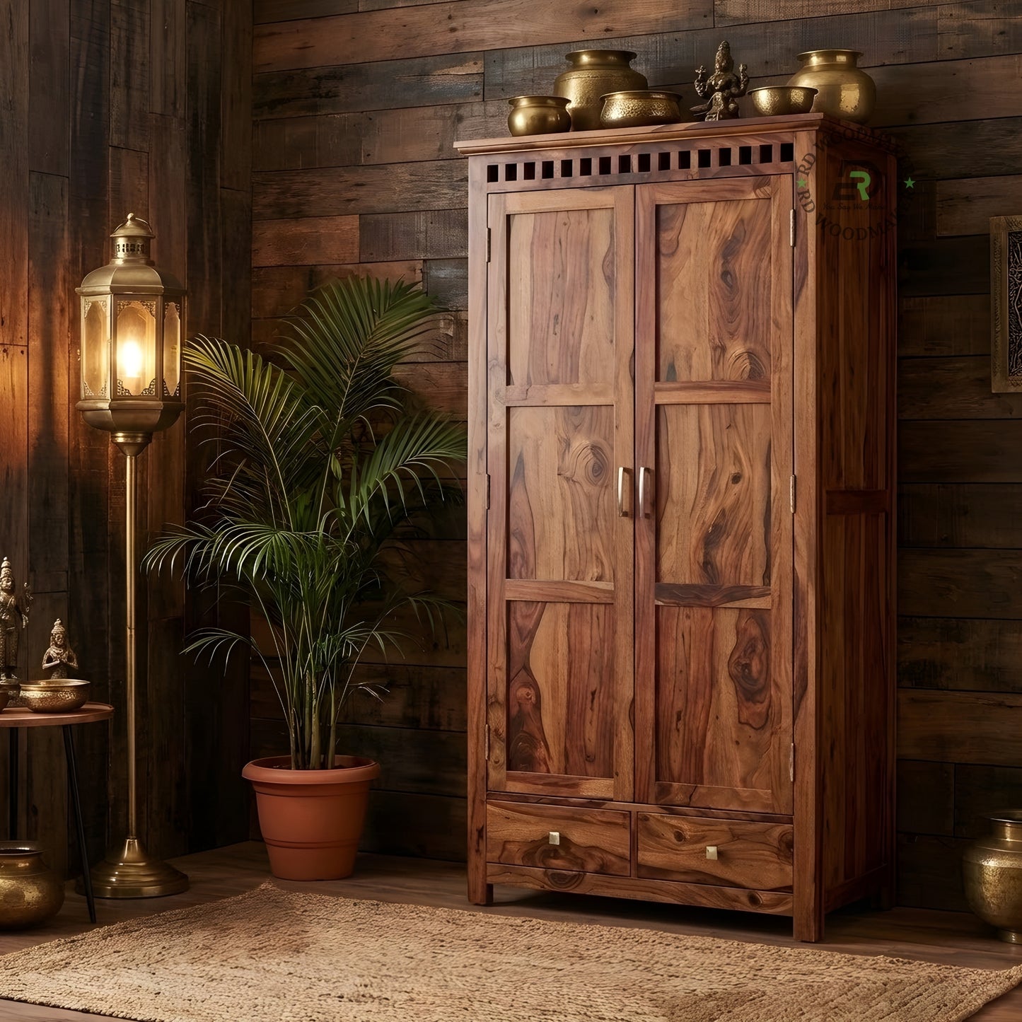 TRADITIONAL SOLID WOOD 2-DOOR ARMOIRE WITH 2 DRAWERS