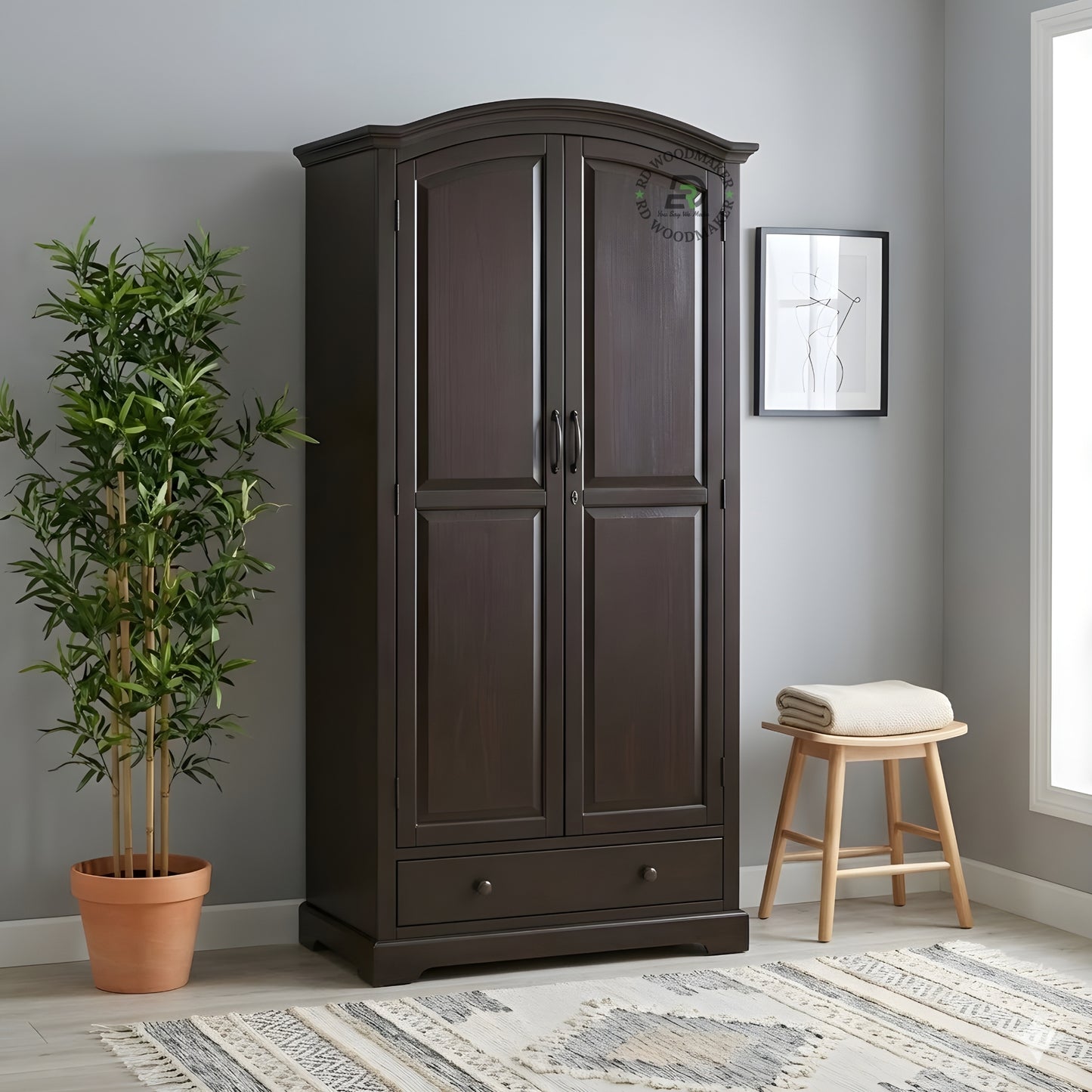 ELEGANT ARCHED TOP DARK WOOD 2-DOOR WARDROBE WITH DRAWER