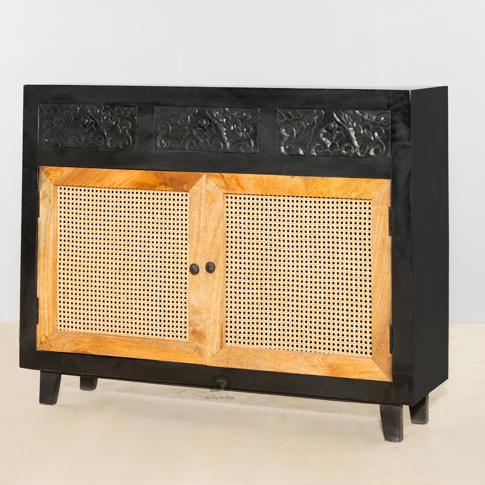 Indo Wooden Carved Rattan Sideboard